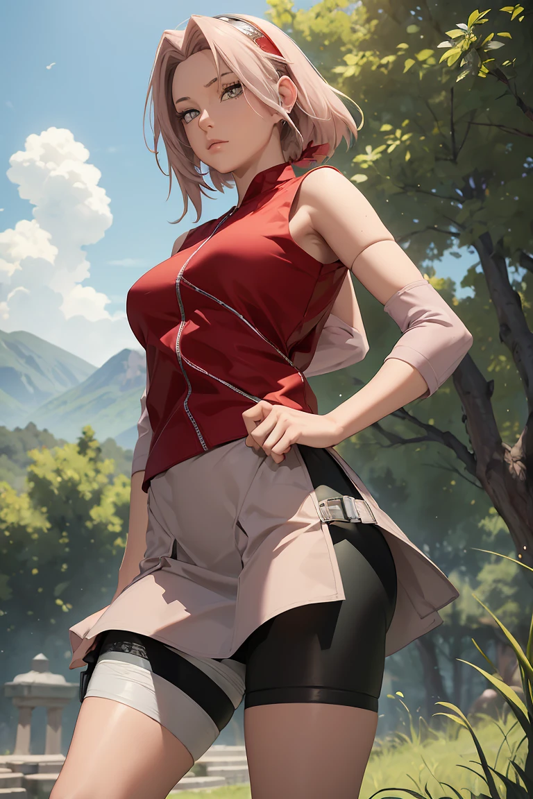 ((best quality)), (( masterpiece)), (detailed),  Perfect Face ((best quality)), (( masterpiece)), (detailed),  Perfect Face (best quality)), (( masterpiece)), (detailed),  Perfect Face (best quality)), (( masterpiece)), (detailed),  Perfect Face ,stunning realistic, photorealistic, photorealism, 1 sakura Haruno,standing in a tent,arsm behind back,full body perfect composition,wearnig skirt,3D,tight bike shorts view,focus on bike shorts,tightly wear bike shorts on legs,under skirt view,skirt in air flying,