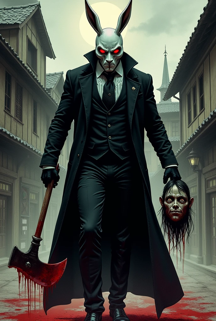 Red-eyed robot, giant arms made from scrap metal, human face, evil smile, wearing a brown overcoat, wearing a brown detective hat, inside a dark alley