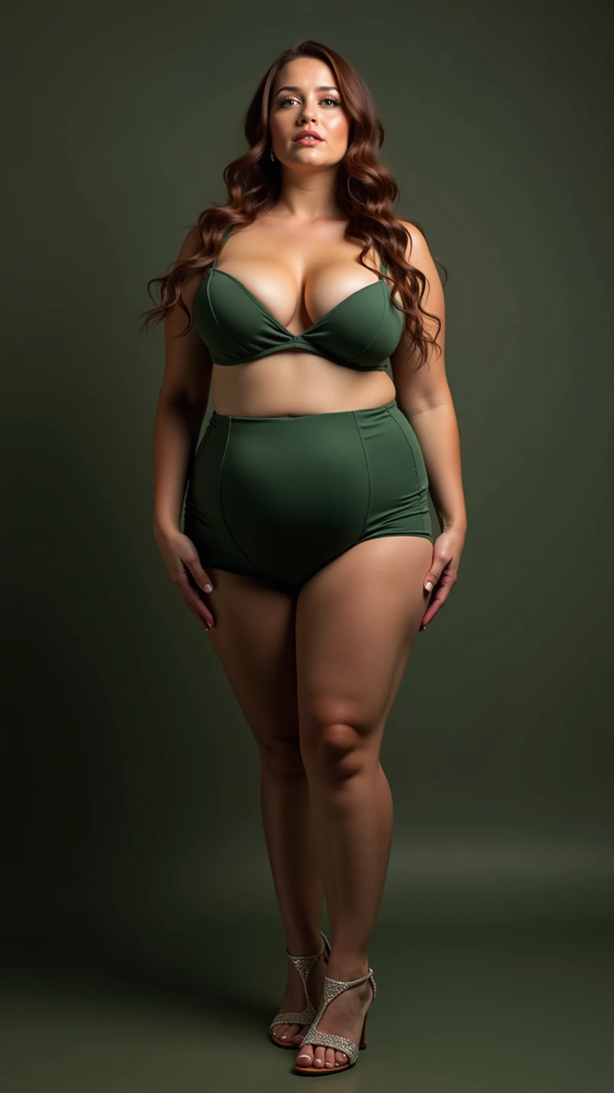 1 mature woman in, age50, Solo, casual hair, curvaceous forms, curvy body, Looking at Viewer, grayblondehair, Bare shoulders, Brown eyes, jewely, Full body, a necklace, off shoulders, wearing yellow lacy bikini elegant patterned, Realistic, A sexy, full body, studio Foto With Photographic equipment, views 