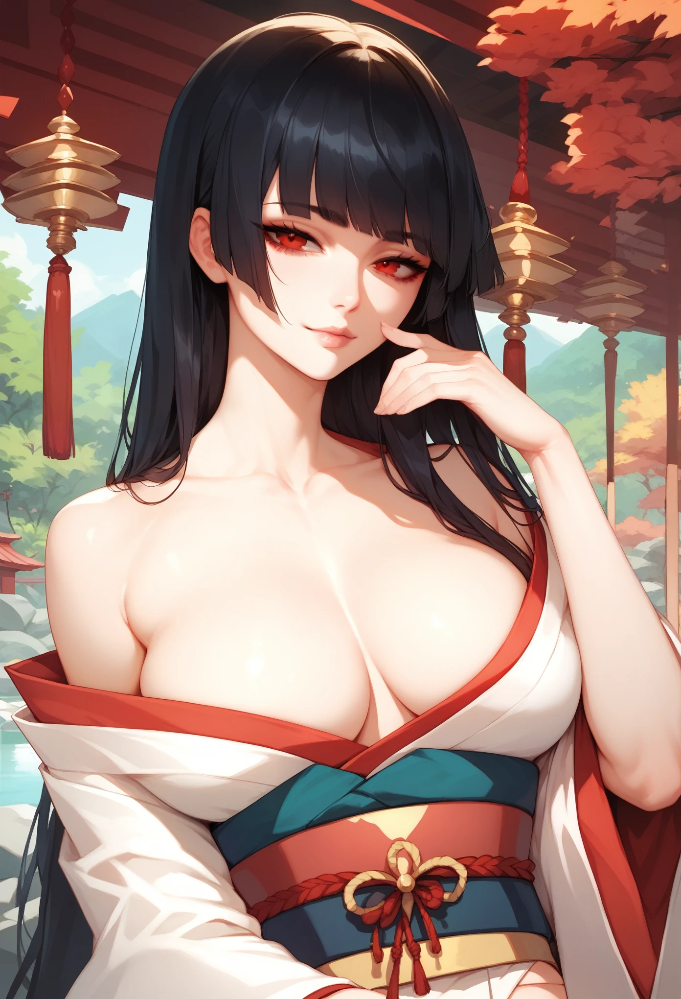 1girl, japanese, long black hair, pale skin, straight bangs, red eyes, wearing short white kimono, in a Japanese garden , sexy pose