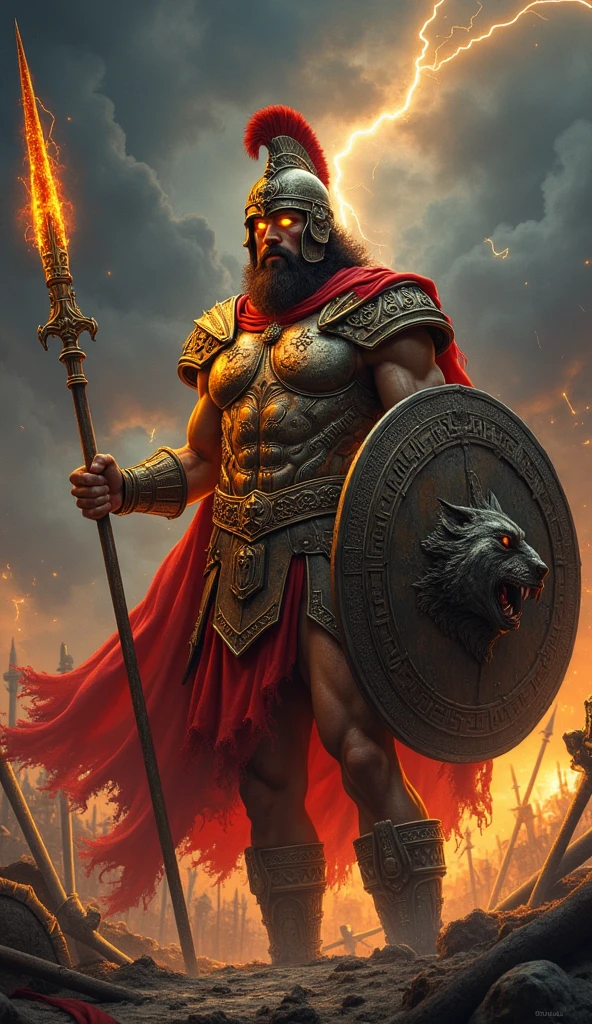 Depict Ares, the Greek god of war, standing on a battlefield shrouded in chaos - SeaArt AI