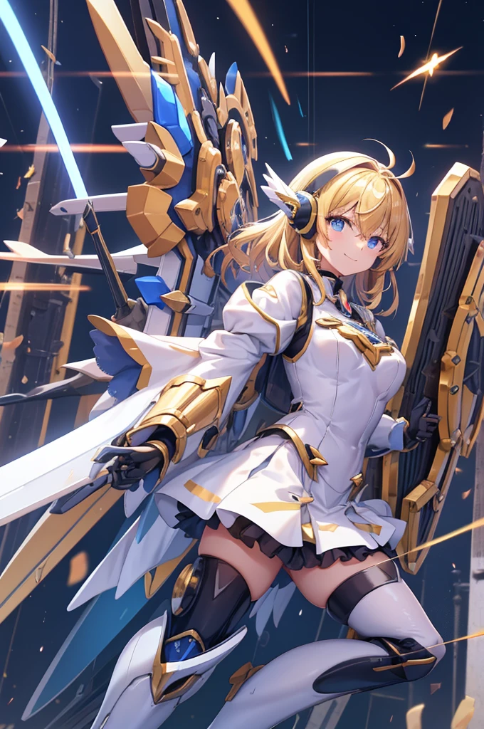  and smiles 、mecha wing、Thighs、tights、chest、 shiny blond hair、 1 girl、 solo girl 、 headset 、mecha girl、White clothes、 light blue mini skirt、 has a sword、sword、 has a shield、shield