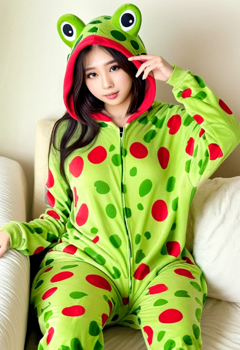 ((high quality:1.2)), work of art, (8k), extremely detailed, ((High detail:1.2)), ((best resolution:1.4)), Solo, 24 years old Korean Ulzzang female, ((fr0ggy, frog  pajamas, barefoot, hood, animal costume, onesie)), 