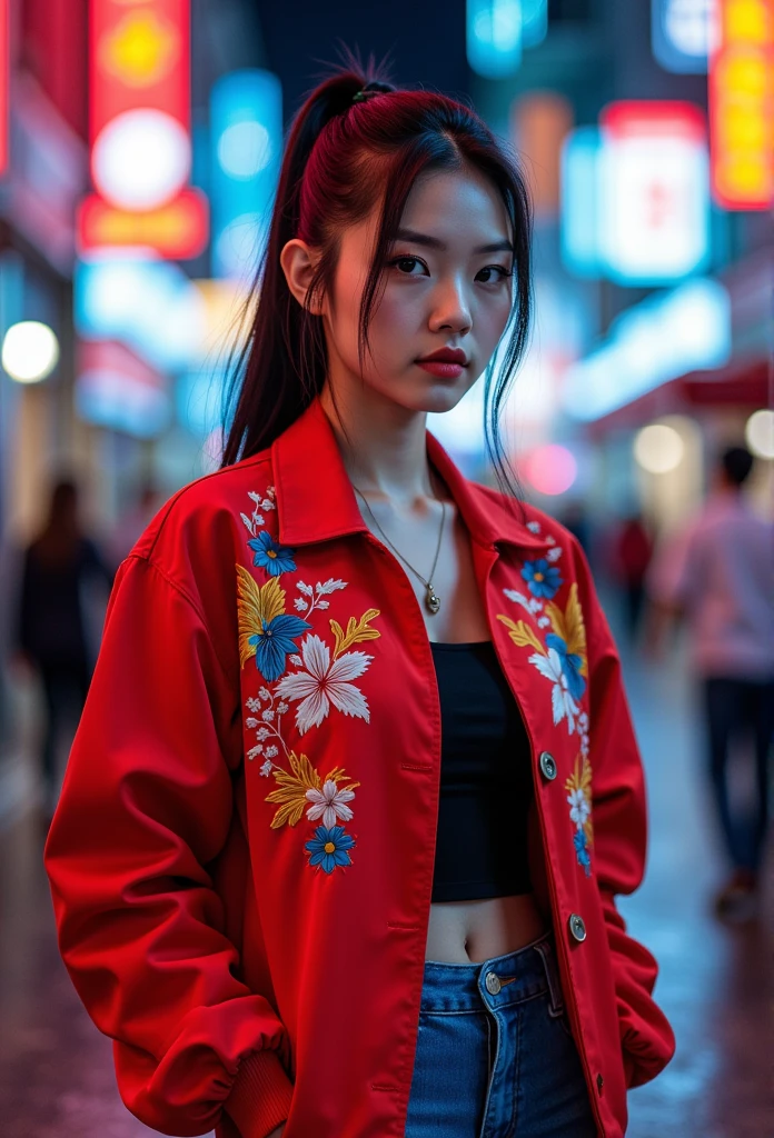 The Sucker, Professional photography, portrait of a woman wearing 青色jacket 龍が両胸に刺繍and jeans, black hair, ponytail hair with, neon city in background, bokeh, depth of field 