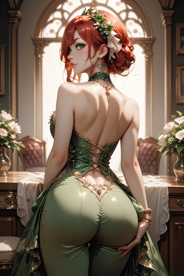 A very beautiful magic idol with big boobs big ass green pants dress beautiful red hair green eyes