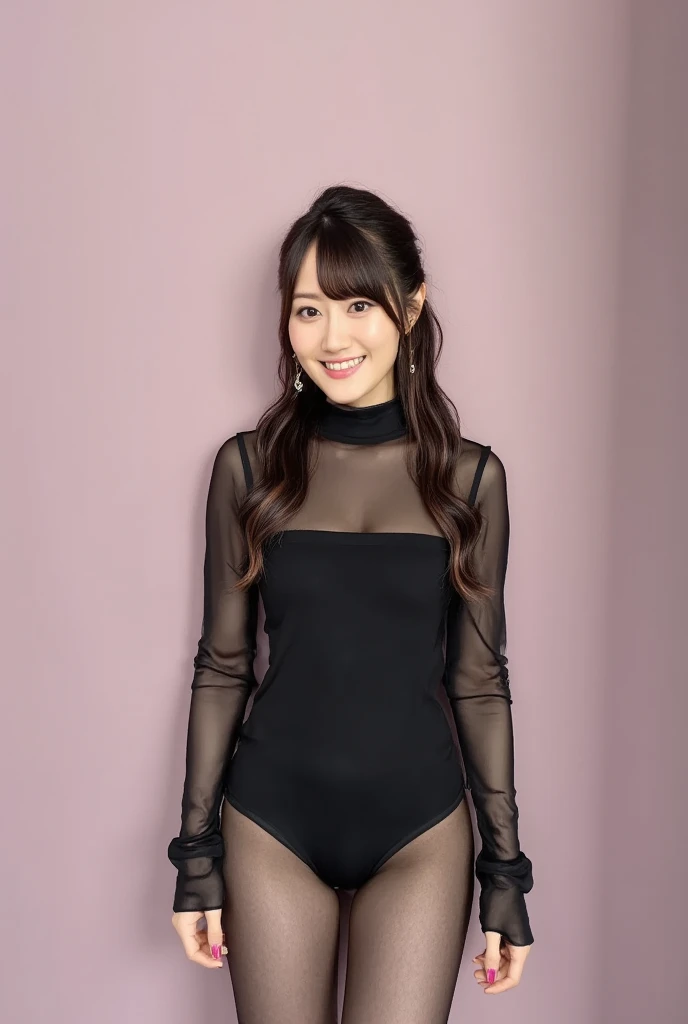 8k, RAW Photo, Best Quality, Masterpiece:1.2),(Realistic, photo-realistic:1.37), Super Detail, She is wearing tight thin fitting transparent black long sleeve turtleneck , no pants, no skirts, transparent black pantyhose, cinematic lighting, ecstacy face, monotone background, facing front, smiling, portrait, dressed up to the belly button, dressed up to the neck
