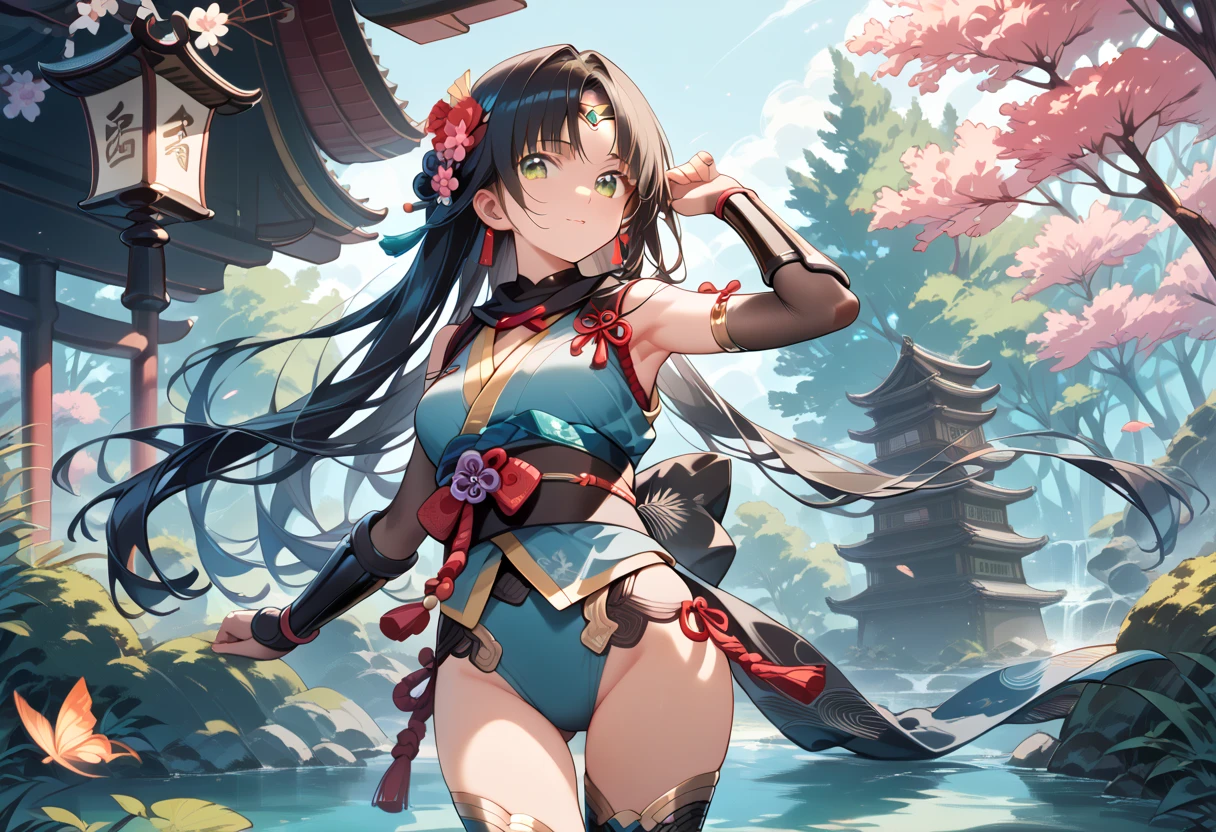 (masterpiece, best quality, ultra detailed, high resolution, detailed facial description), (1 girl:1.3), (ninja costume:1.3, kunoichi costume:1.3), black long hair, tsurime, in the forest