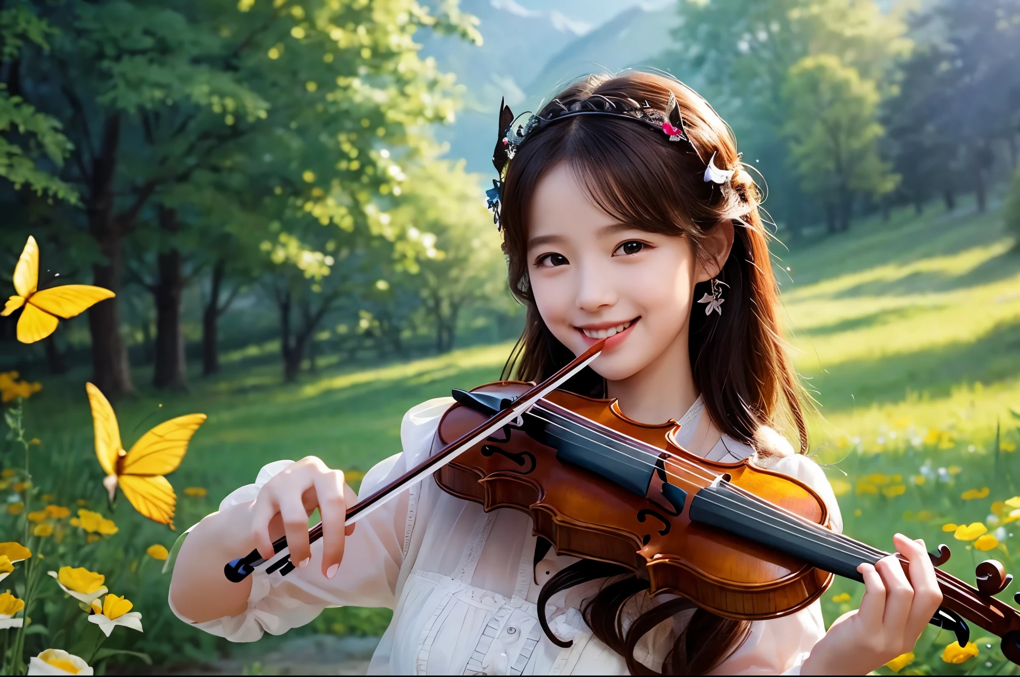 1girl, violin playing, smile, slim, dress, outdoors, in nature, mountains, Garfield, flowers, sky, floating hair, 1 violin,