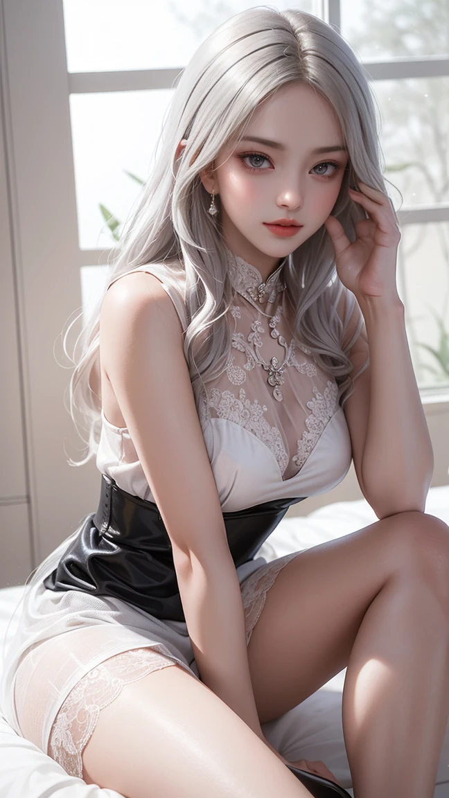 sofiacarson+long straight white hair fringe( White tight dress with cow spots on it, kneeling on the floor on a white furry rug, shot from above and both hands are on her breasts, looking sexy.)blue eyes,parts,long false eyelashes,gloss rosa