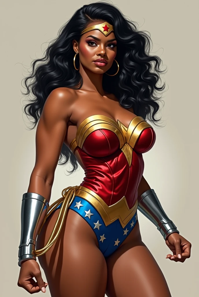 (melhor qualidade,4k,8k,alta resolução,masutepiece:1.2), (girl negra, pele de ebano, BBW, 30 anos), cintura fina, (bunda enorme, Sagging Tits: 1,9), cabelo afro, Footfall , ( WONDER WOMAN costume), sexy, sensual, hot, sorridente, (Sagging Tits: 1,9), decotes, bunda enormes. ((mesmo personagem, headpe, lado, costas)), (perfect hands)