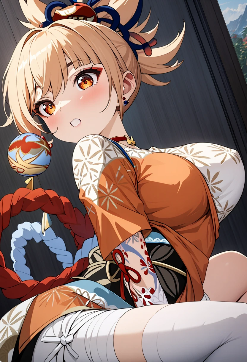 ((masterpiece)), ((best quality)), (ultra-detailed), anime style, on the bed, a cute girl, 1girl, solo,  ((beautiful eyes)), smile, kimono, japanese cloth, ((open chest)), ((cute nipples))