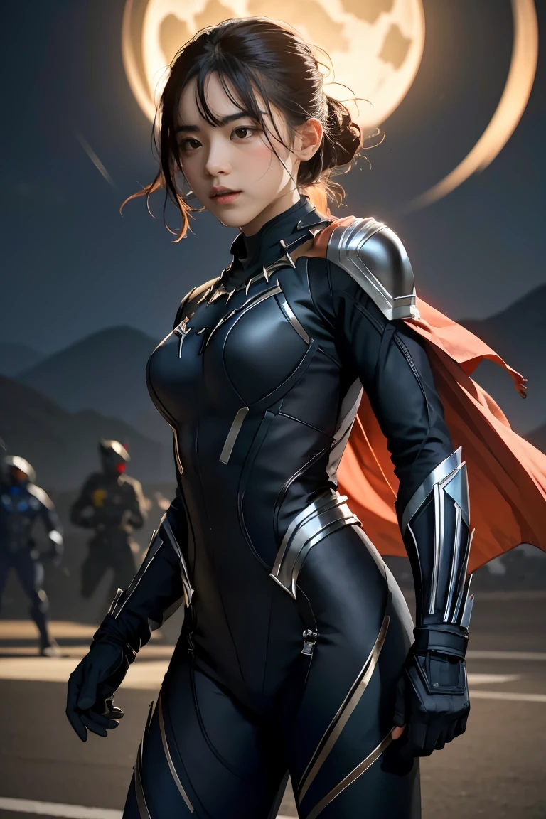 ,(best quality,highres:1.2), realistic, vibrant colors, detailed face and expression, fierce gaze, powerful stance, , glowing vibranium claws, night scene, strong lighting, superhero, action-packed, dynamic pose, 1 girl, Black panther suit,