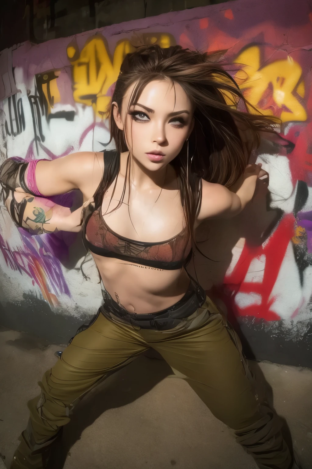 A hot urban girl in dynamic pose. Grunge wall grafitti background. Highly detailed, detailed face, realistic, intricate, UHD, 4K 