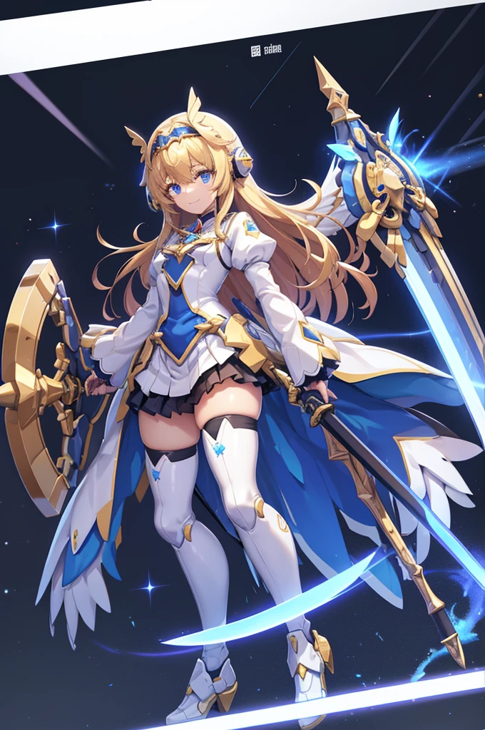  and smiles 、mecha wing、Thighs、tights、chest、 shiny blond hair、 1 girl、 solo girl 、 headset 、mecha girl、White clothes、 light blue mini skirt、 has a sword、sword、 has a shield、shield、priestess