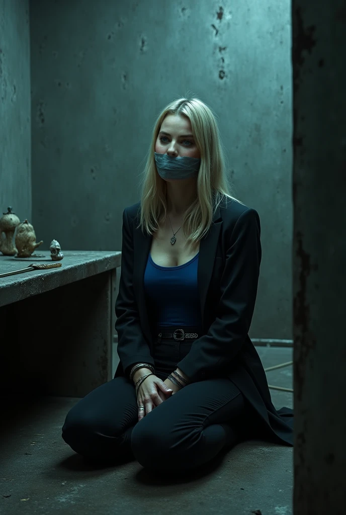 une jolie fille blonde de 20 ans est menottée dans sa cellule de prison. She has an orange prison outfit and a gag