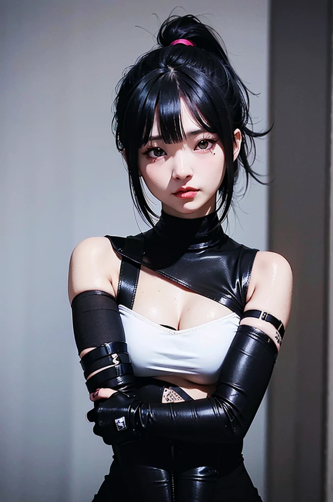 The image is an illustration of a female character in an anime or manga style. El personaje tiene el pelo corto de color rubio claro con dos orejas parecidas a las de un gato en la parte superior de su cabeza, que parecen ser parte de una diadema o accesorio. His eyes are partially closed, con un ojo visible que tiene un iris morado, and has a playful expression with his tongue sticking out.
Lleva un traje que es predominantemente blanco con acentos en negro, amarillo y naranja. El traje tiene un aspecto futurista o de armadura, con un cuello alto y hombreras. Destacadamente, his chest area is exaggeratedly large and emphasized in the drawing, a common stylistic choice in certain anime or manga genres. There are also black straps that appear to be part of gloves or wrist accessories on her arms..
The character is drawn with a focus on the upper part of his body, and the perspective is from a slightly low angle, mirando hacia arriba. El fondo de la imagen es blanco liso, poniendo todo el enfoque en el personaje. El estilo es colorido y detallado, con sombreado que le da al personaje una apariencia tridimensional.