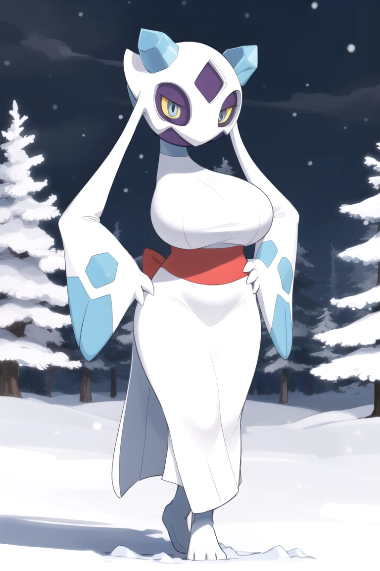 ((masterpiece)), (((froslass))), anthropomorphic, anthro, hips, slender legs, standing, long white dress, purple legs, white body, ghost pokemon, solo, night, snow, outdoors, darkness, long dress, yellow eyes, blue pupils, hands on hips, Massive Breasts, Huge Breasts, Very Wide Hips, Thin Waist, Solo, Aerial View, (cartoon-style bold line work:1.2), vibrant colors, cel shading, Simplistic Art Style, looking at viewer