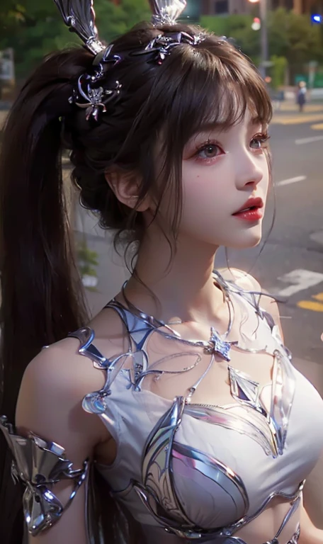((Realistic lighting, Best quality, 8K, Masterpiece: 1.3)), Clear focus: 1.2, 1girl, Perfect Figure: 1.4, Slim Abs: 1.1, ((Dark brown hair)), (White crop top: 1.4), (Outdoor, Night: 1.1), City streets, Super fine face, Fine eyes, Double eyelids,
