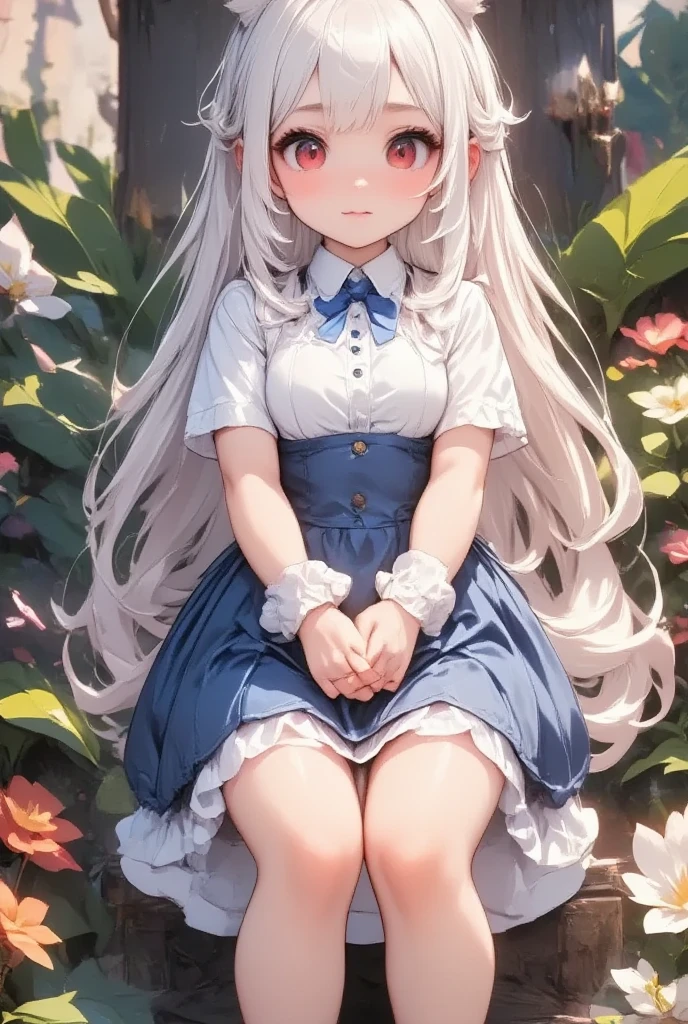 ( best quality, very detailed depiction, incredible high resolution),白いJapanese white radishを手に持っている:2.0,Japanese white radish:2.0, 1 girl ,(Chibi,cute, smaller,Blue Hair, very long hair,bangs,Bunny ears,Red eyes,Big Eyes, Beautiful Sparkling Eyes , white skin,Big hair ribbon,Blue Princess Dress,wired skirt,Chest, full body image ),Smiling Face,High quality anime drawings