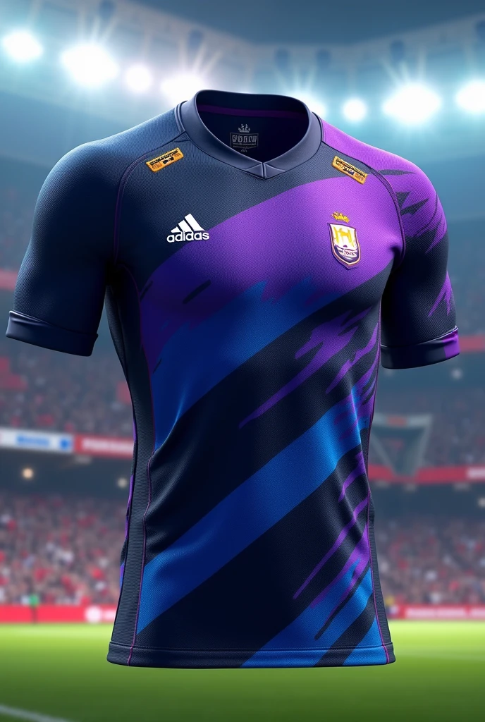 A sports jersey with a white base color and black and purple designs