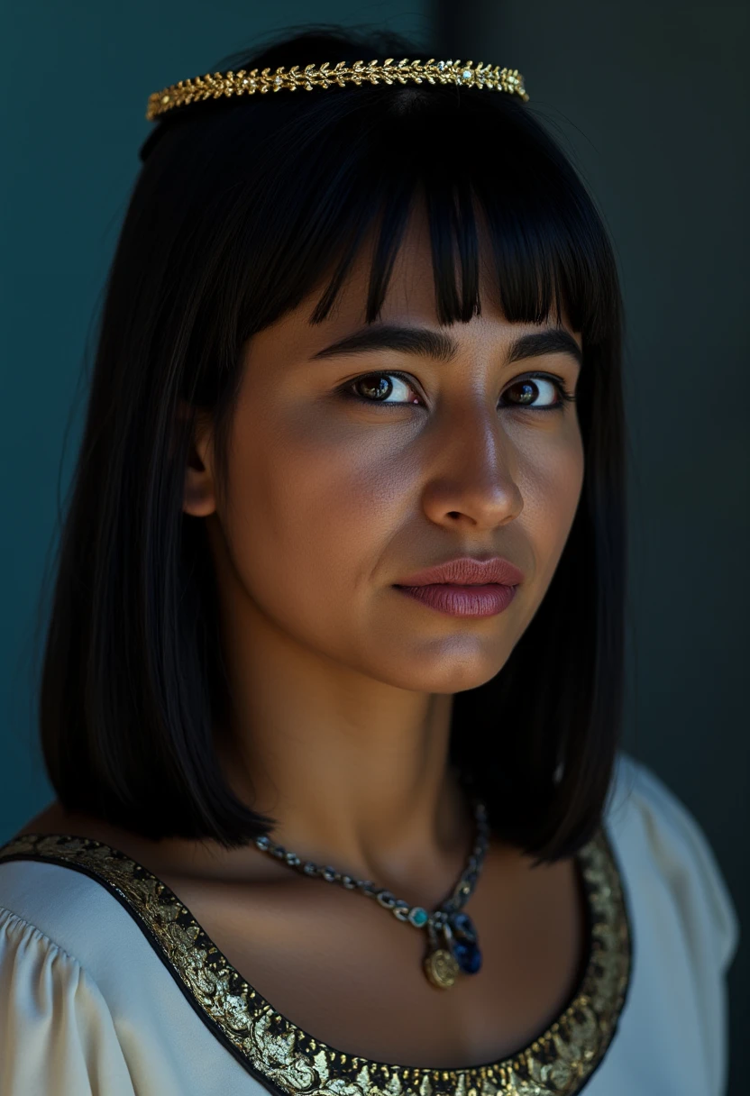 Photorealistic close-up portrait of a young Egyptian princess from the 1500's, age 19. 1D X capture, 85mm f/1.2 lens, shallow depth of field.Chiaroscuro lighting emphasizes weathered skin texture. Soft, diffused key light from head-on, harsh rim light from head-on . Cool blue undertones contrast with warm highlights.She has tanned skin, dark brown eyes, thin eyebrows,a heart-shaped face, with full cheeks, a pointed chin and a pointed nose. She has straight, dark, shoulder-length black hair with bangs. She is tall, slender but with a statuesque body.She has well-shaped, full and sensuous lips.She wears an elegant and modest white cotton dress with intricate gold work.She wears a tiara on her head typical of Egypt and precious jewels.Composition follows rule of thirds, gaze directed off-camera. Kodak Portra 400 film stock emulation for soft, natural skin tones.