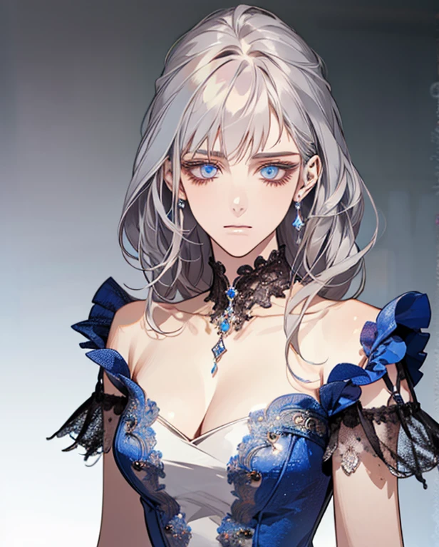 (Extremely Delicate and Beautiful:1.2), 8K ,(Masterpiece:1.0),(best_quality:1.0), 1girl, mature woman, complex details, enlarged textures, complex details, finely detailed eyes and detailed face, intricate details, silver grey hair, (closed mouth), perfect eyes, blue eyes, (goddess), perfect body, extremely detailed