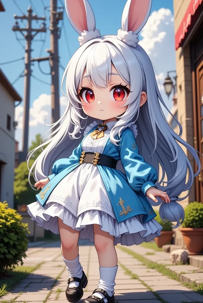 ( best quality, very detailed depiction, incredible high resolution), 1 girl ,(Chibi,cute, smaller,Blue Hair, very long hair,bangs,Bunny ears,Red eyes,Big Eyes, Beautiful Sparkling Eyes , white skin,Big hair ribbon,Blue Princess Dress,wired skirt,Chest, full body image ),白いJapanese white radishを手に持っている:2.0,Japanese white radish:2.0,Smiling Face,High quality anime drawings