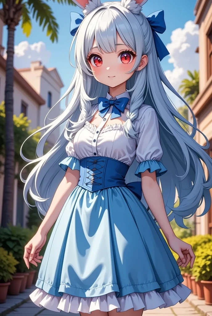 ( best quality, very detailed depiction, incredible high resolution), 1 girl ,(Chibi,cute, smaller,Blue Hair, very long hair,bangs,Bunny ears,Red eyes,Big Eyes, Beautiful Sparkling Eyes , white skin,Big hair ribbon,Blue Princess Dress,wired skirt,Chest, full body image ),白いJapanese white radishを手に持っている:2.0,Japanese white radish:2.0,Smiling Face,High quality anime drawings