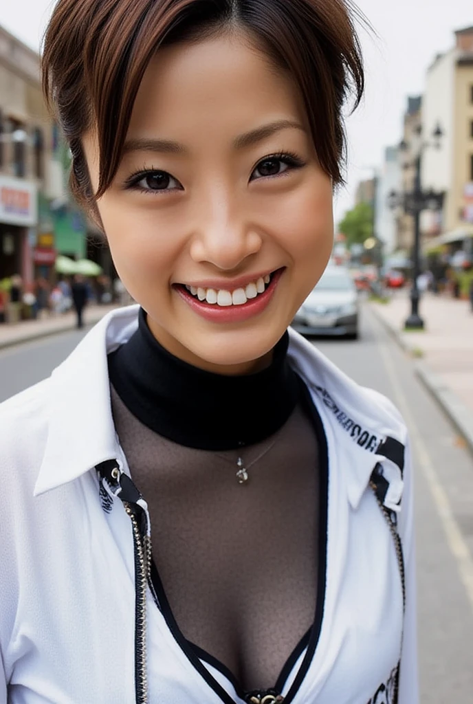 8k, RAW Photo, Best Quality, Masterpiece:1.2),(Realistic, photo-realistic:1.37), Super Detail, She is wearing tight thin fitting transparent black long sleeve turtleneck , no pants, transparent black pantyhose, cinematic lighting, ecstacy face, monotone background, facing front, smiling, portrait, dressed up to the belly button, dressed up to the neck
