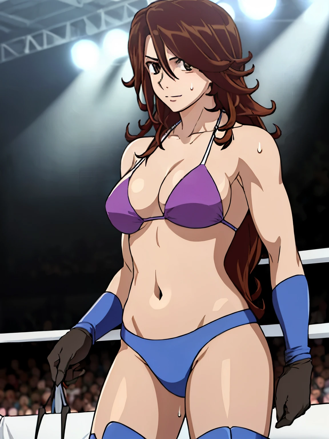 hug, Elegant lady, (upper body only), anime style: 1.8, anime drawing, ultra detailed face, ultra detailed body, 4k, Sumergai Lee Noriega, (standing), best quality, anime style, hires, highest definition, digital blending, bold drawing lines, ((wwe diva), (location: wwe arena, crowds watching), ( slim body, long belly, (little biceps), , off-shoulders, closed fists, (curvy: 2.8)), ((topless, nipples, long pants, belt, white gloves, collar, arm protector)), victorious, winner, gentle, (pale skin, big breasts, smile), (big eyes, brown eyes), (clapping), (brown hair, loose hair, curly hair, wavy hair, long hair, missy hair), 27 years old,