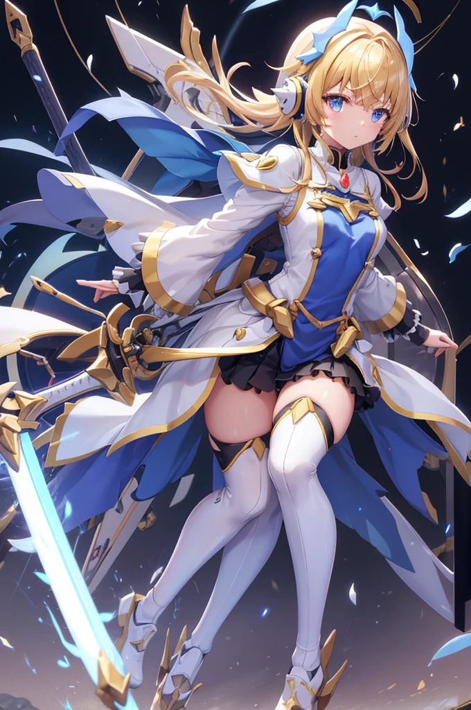 Rin々Funny face、mecha wing、Thighs、tights、chest、 shiny blond hair、 1 girl、 solo girl 、 headset 、mecha girl、White clothes、 light blue mini skirt、 has a sword、sword、 has a shield、shield、priestess