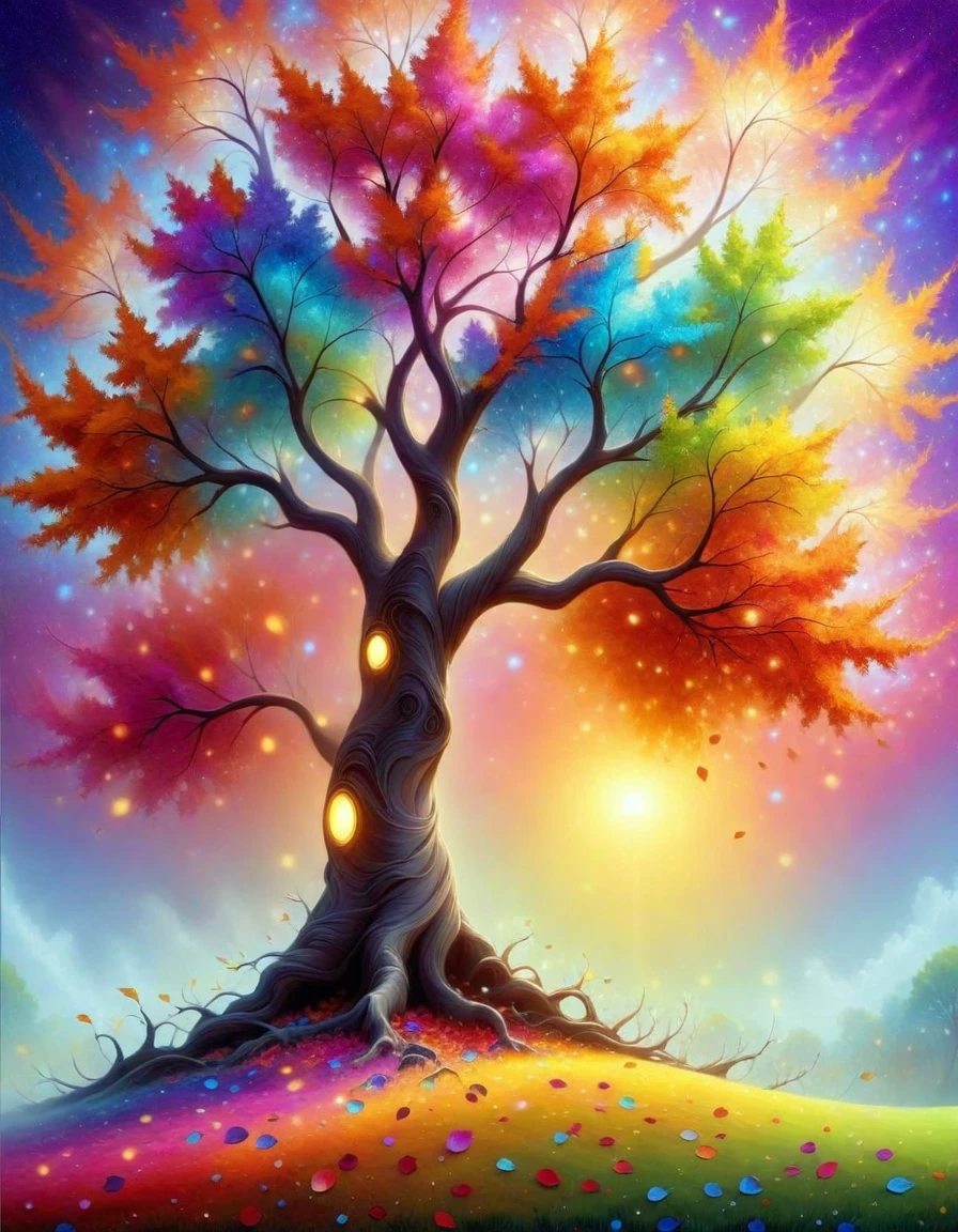 Highest quality, high resolution, best composition, picture of a tree with colorful leaves, magical tree, colorful leaves, colorful otherworldly trees, fantasy, magical tree, whimsical art, beautiful art, mysterious colors, colorful and detailed landscape painting.