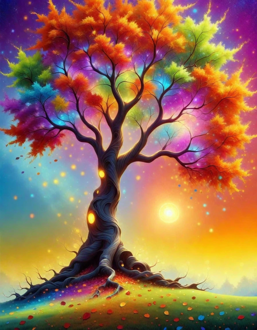 Highest quality, high resolution, best composition, picture of a tree with colorful leaves, magical tree, colorful leaves, colorful otherworldly trees, fantasy, magical tree, whimsical art, beautiful art, mysterious colors, colorful and detailed landscape painting.