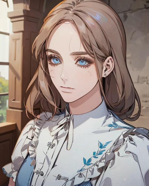 (Extremely Delicate and Beautiful:1.2), 8K ,(Masterpiece:1.0),(best_quality:1.0), 1girl, mature woman, complex details, enlarged textures, complex details, finely detailed eyes and detailed face, intricate details, brown grey hair, (closed mouth), perfect eyes, blue eyes, (goddess), perfect body, extremely detailed