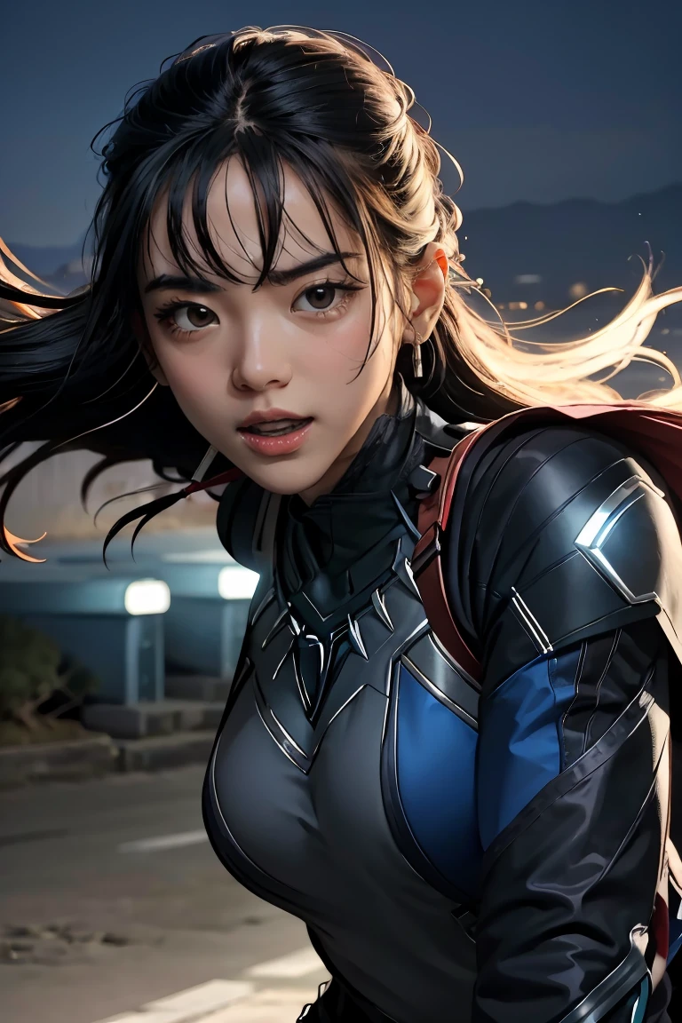 ,(best quality,highres:1.2), realistic, vibrant colors, detailed face and expression, fierce gaze, powerful stance, , glowing vibranium claws, night scene, strong lighting, superhero, action-packed, dynamic pose, 1 girl, Black panther suit,