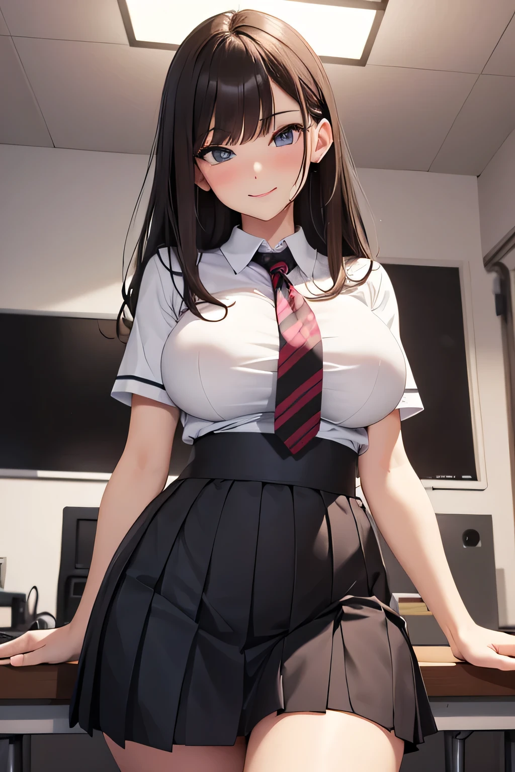 Anime Moe Art Style,Highest quality,High resolution,Anatomically correct,plural,Mid-teens,Farbe々Hairstyle,Super detailed,Big Breasts,Shiny skin,Beautiful Skin,A rich expression,Farbeっぽい表情,Naughty smile,high school girl,Office,blazer,Pleated skirt,Undress,Nipples are visible,sexly,Naughty,Eyes drawn in detail,8k