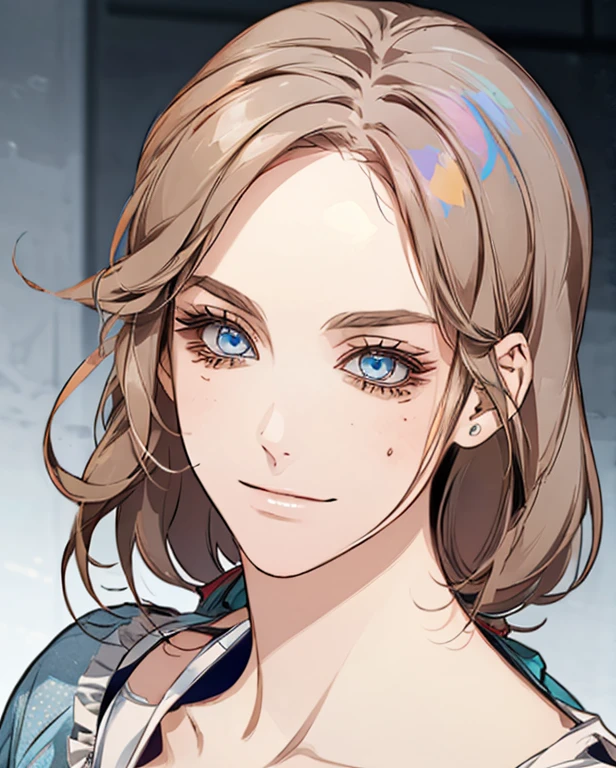 (Extremely Delicate and Beautiful:1.2), 8K ,(Masterpiece:1.0),(best_quality:1.0), 1girl, mature woman, complex details, enlarged textures, complex details, finely detailed eyes and detailed face, intricate details, brown grey hair, (closed mouth), perfect eyes, blue eyes, (goddess), perfect body, extremely detailed, expression in love smile 