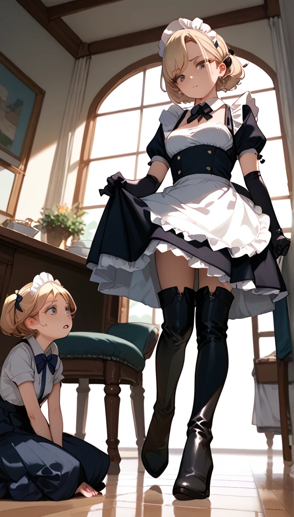 Anime Women, Maid seated on a chair, thigh boots, elbow gloves, raised leg, Stomping of feet on face, step on face, looking down, throw