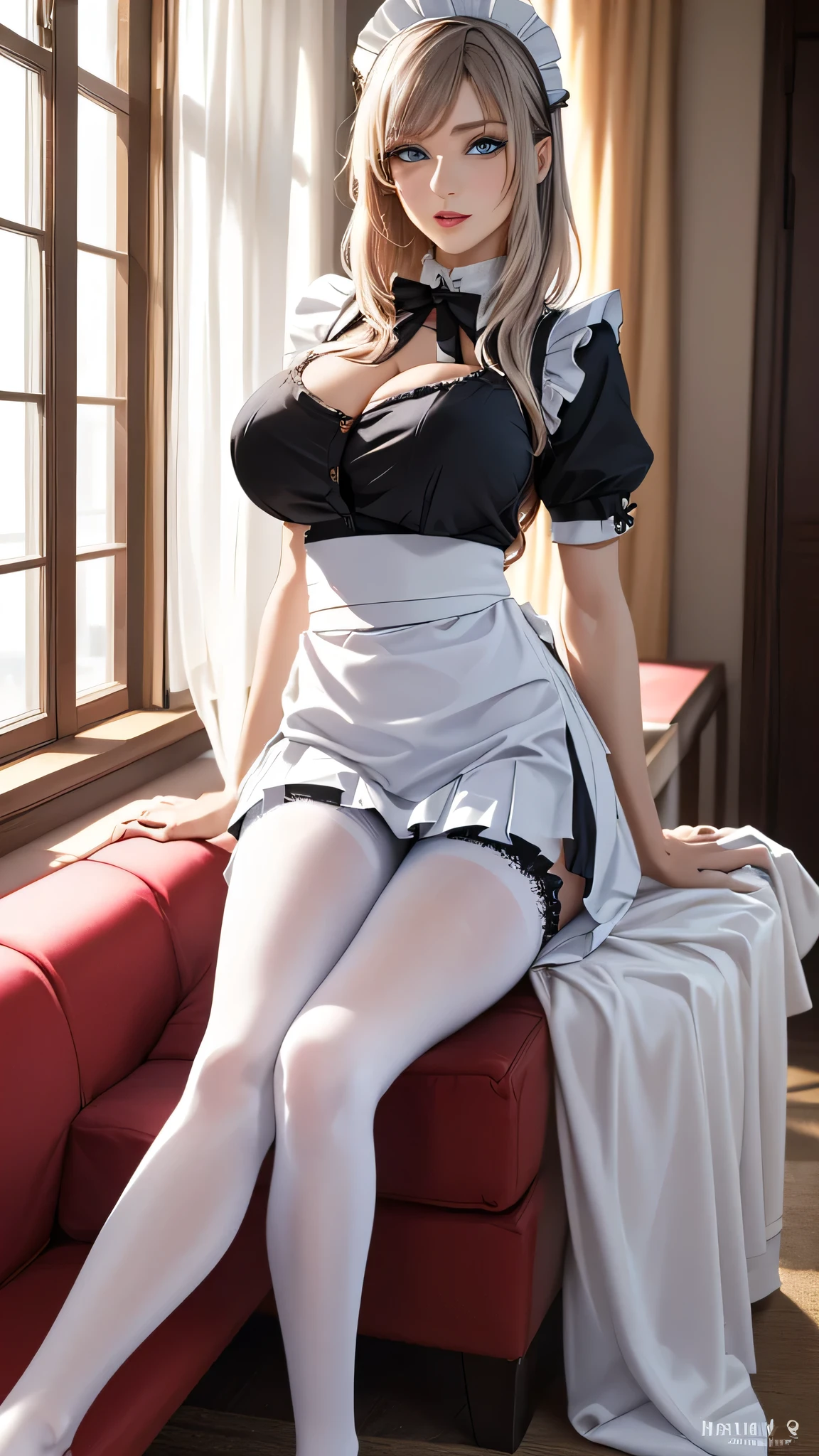 ( best quality, 4K, 8k high resolution, masterpiece:1.2),  Very detailed, 1 person, Bewitching Woman,((Luxury)),((Suite)),((Luxury sofa)),(()),(long white hair),(),( blue eyes), has a sexy atmosphere , Attractive legs, Magic Hour,((Big Breasts)),(( maid outfit )),((Sexy)),(( black pantyhose)),((Mature Woman)),((blouse)),(( beautiful feet)),(()),((Married Woman)),(( pleated miniskirt)),(()),Focus on individuality ,   fine and beautiful eyes ,  Beautiful Lip Details ,  Long eyelashes,  bright color , Photo Spot, Soft Warm Hues ,Leg spread