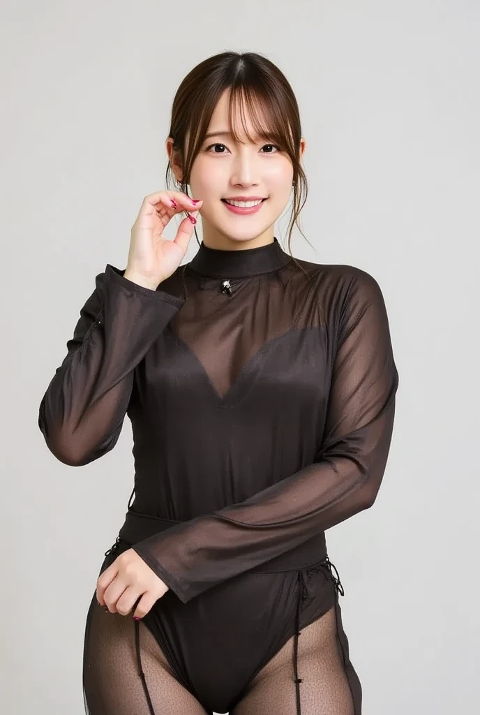 8k, RAW Photo, Best Quality, Masterpiece:1.2),(Realistic, photo-realistic:1.37), Super Detail, She is wearing tight thin fitting transparent black long sleeve turtleneck , no pants, transparent black pantyhose, cinematic lighting, ecstacy face, monotone background, facing front, smiling, portrait, dressed up to the belly button, dressed up to the neck
