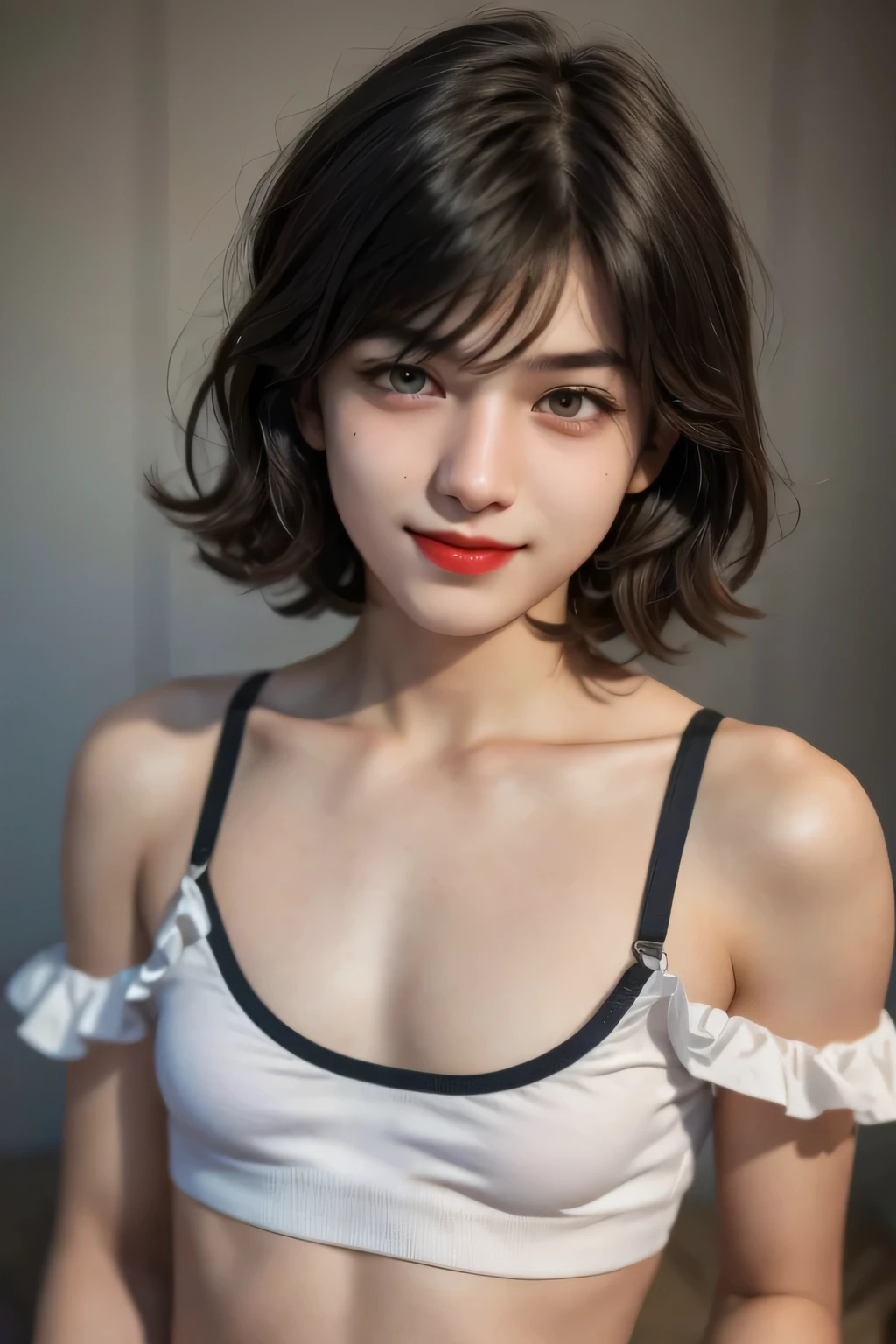 Half body potrait, 1 cute boy femboy (18yo), upper body, slim waist, (small breast:1.7), sexy pose, naugthy face, bangs, random Short hairstyle, cleavage, navel, off shoulder, seductive smile, wear orange sexy underwear, gray background, (red lipstick), mini top