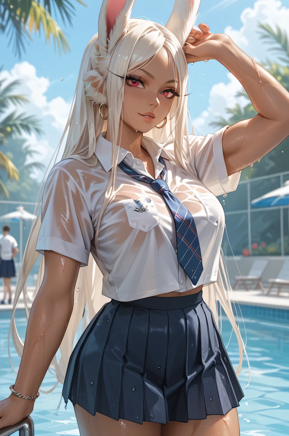 1female,35yo,熟妇,long leges,Big breasts Thin waist,Slim,huge-breasted ,Pornographic exposure, 独奏,(Background with:bamboo forrest,lotuses,lotus flower,exteriors,Lotus pond) She has short silver-white hair,standing on your feet,Sweat profusely,drenched all over the body,seen from the front, hair straight, mostly cloudy sky,(((tmasterpiece),(Very detailed CG unity 8K wallpaper),best qualtiy,cinmatic lighting,detailed back ground,beatiful detailed eyes,Bright pupils,Black eyes,(Very fine and beautiful),(Beautiful and detailed eye description),ultra - detailed,tmasterpiece,)),facing at camera,A high resolution,ultra - detailed),revealing breasts,Bare genitalia, Bulge,legs are open,Raised sexy,Camel toes,Flushed complexion,Open-mouthed,frontage,high school senior,Sailor's cap(Wearing:Chinese Ancient Times,Sailor uniform,Pleated skirt in blue color,athletic sneakers)