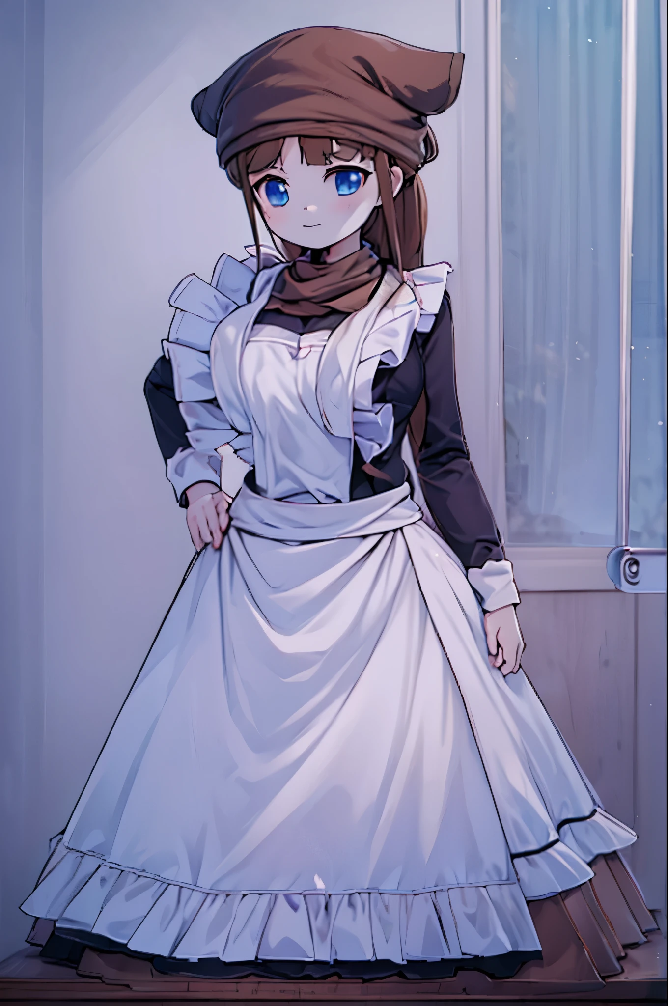  innkeeper's wife，三角scarf，scarf，White apron， plain long skirt ，Long coarse cloth skirt，Thin waist and wide hips，One hand on waist，Long hair，棕色Long hair，Indoor background，The long brown dress ，cartoon girl in brown clothes ，Close-up of calf and above， white ruffle apron