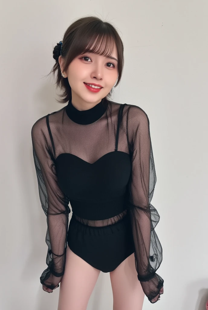 8k, RAW Photo, Best Quality, Masterpiece:1.2),(Realistic, photo-realistic:1.37), Super Detail, She is wearing tight thin fitting transparent black long sleeve turtleneck , no pants, transparent black pantyhose, cinematic lighting, ecstacy face, monotone background, facing front, smiling, portrait, dressed up to the belly button, dressed up to the neck
