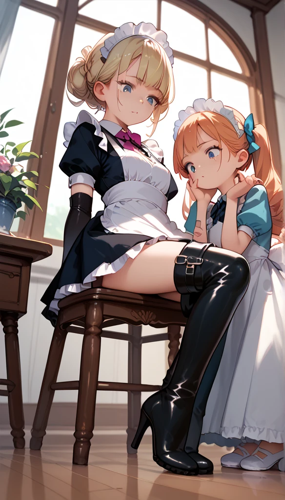 Anime Women, Maid seated on a chair, thigh boots, elbow gloves, raised leg, Stomping of feet on face, step on face, looking down, throw