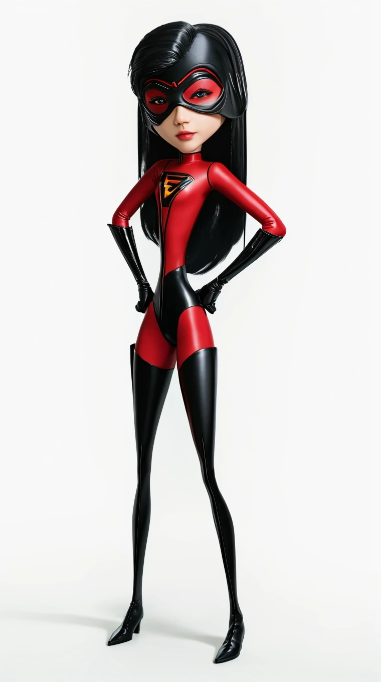 (full body),masterpiece, highest quality, One girl, Violet Par, mask, Long Hair, Black Hair,  Hair on one eye,  (Red hero suit)，Red bodysuit，black elbow gloves，Black Thigh Boots，Thick thighs，Place one hand on hip，upright，View your viewers, smile, Simple Background 