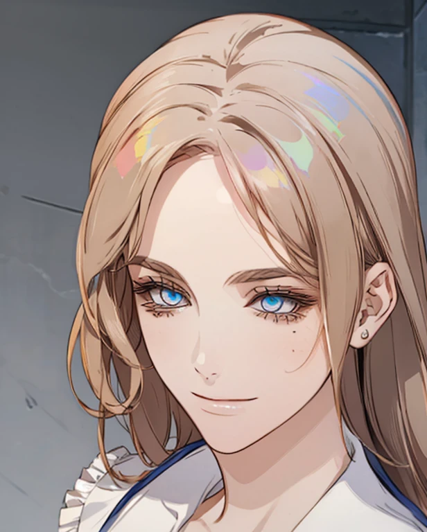 (Extremely Delicate and Beautiful:1.2), 8K ,(Masterpiece:1.0),(best_quality:1.0), 1girl, mature woman, complex details, enlarged textures, complex details, finely detailed eyes and detailed face, intricate details, brown grey hair, (closed mouth), perfect eyes, blue eyes, (goddess), perfect body, extremely detailed, expression in love smile 