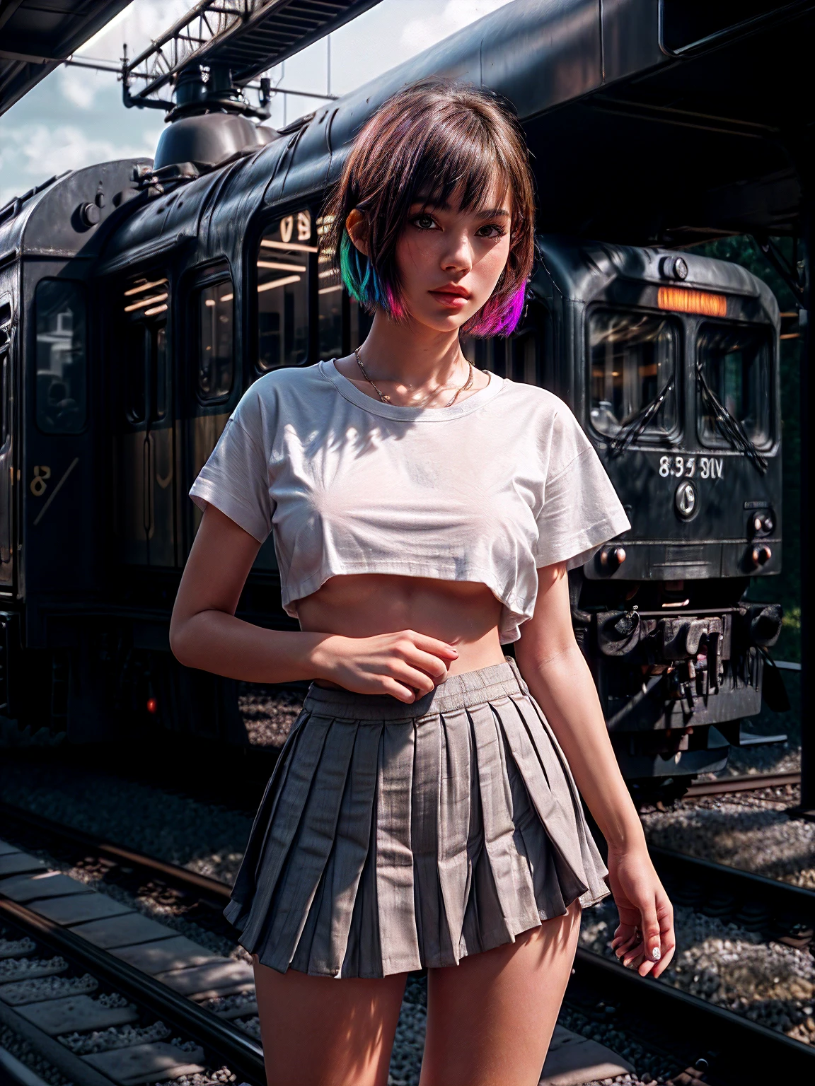 Beautiful face, 8K, HDR, UHD, Masterpiece, Hyaperrealistic, (dark background, studio lighting:1.2),
1girl, standing, ((outdoors, train station, )), (smooth soft skin:1.2), (short hair:1.2),  (no pants, half covered private parts, living clothes, covered nipples), highly detailed face, Beautiful face, slender body, Hyaperrealistic, youthful girl in very deeply ecstasy, hourglass body in  hot pose, perfect medium breasts, short hair, asymmetrical bangs, ((wearing casual t-shirt,  pleated miniskirt,  Dressed very colorfully daily native clothing)), very hot poses, very intimate, superscaled, beautiful waist, beautiful hip, detailed hair, ((full frame sexy pose)), 
