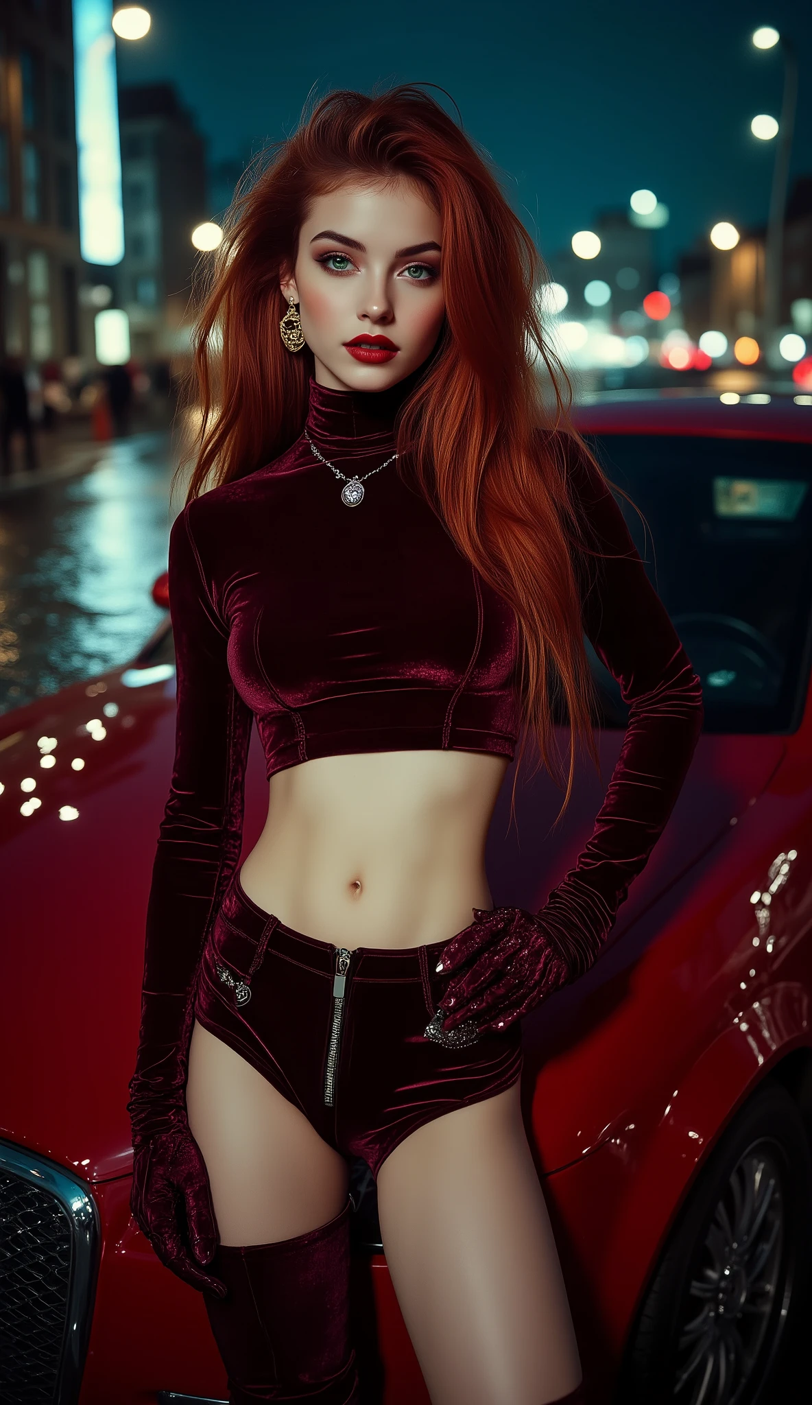 Surreal and cinematic picture of a young scandinavian slim fit young  girl, round face with thick lips of a dark wine red color, super slim waist, extremly long skinny legs, navel percing, big gold ear ring, blushing cheeks, very long straight dark ruby red hair , porcelain white skin, emerald green eyes, long eyelashes, posing leaning on the hood of a red high-end car wearing a tight, long-sleeved, wine-colored velvet crop top, Wine colored velvet mini skirt and wine colored velvet knee high boots, city at night 