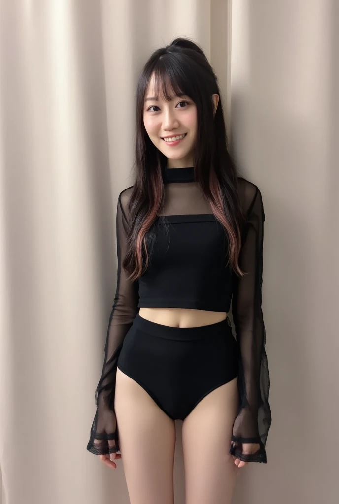 (((Sexy black bikini with small dots:1.35)))、Age 25, Japanese, Capture the light, upper_body,       Grey sweater,Bob Hair, ,Earrings,    RAW Photos,  Highest quality, (Photorealistic), Suggestive,(smile:0.7)